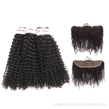 8A Grade Virgin Peruvian Kinky Curly Human Hair Bundles And Pre Plucked Swiss Lace Frontal Closure Free Part